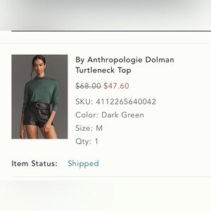 Anthropologie Dolman Turtleneck knit top - Dark Green - in great condition!